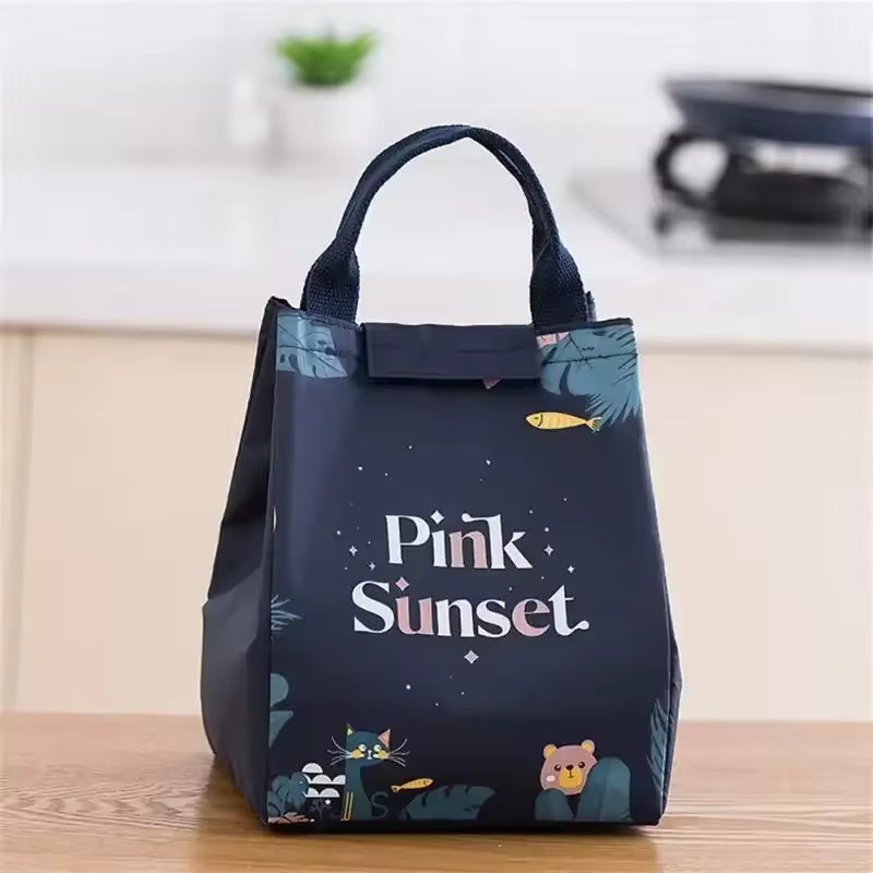 Clarify.pk insulated lunch bag seat back bag in navy blue with Pink Sunset design and animal prints
