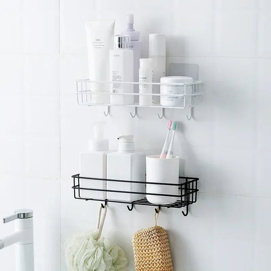 Two-tier Japanese style bathroom rack mounted on white tiled wall holding toiletries and toothbrushes