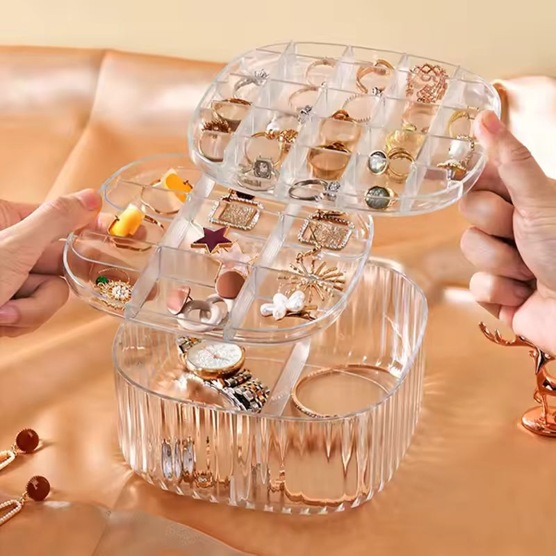 Clarify.pk 3 layer jewelry storage case with clear compartments holding rings and watches