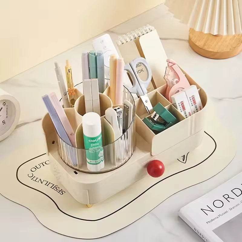 Clarify.pk jewelry and makeup organizer box with multiple compartments holding pens, scissors, and beauty tools