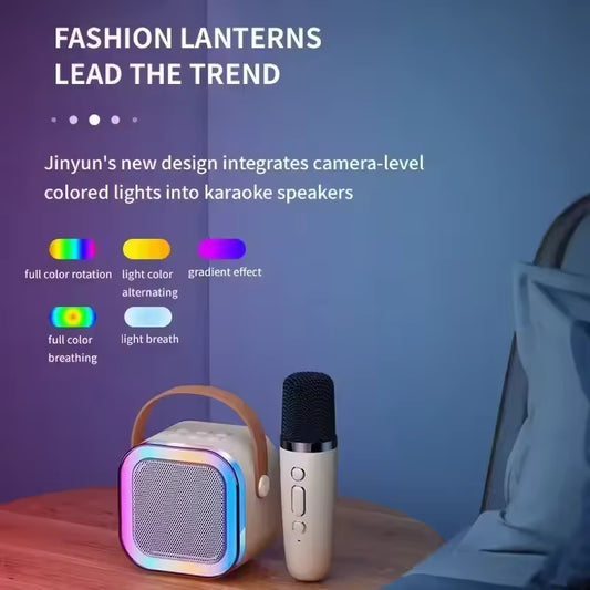 Portable speaker with wireless microphones showing colorful karaoke speaker with lantern-style lighting effects