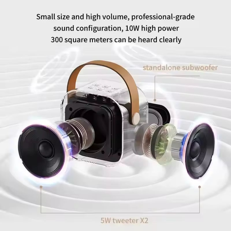 Portable speaker with wireless microphones showing internal components and high power sound system