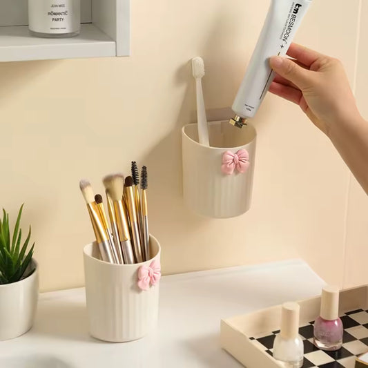 Clarify.pk kawaii pen holder for desk with pink bow decoration holding brushes and toothbrush