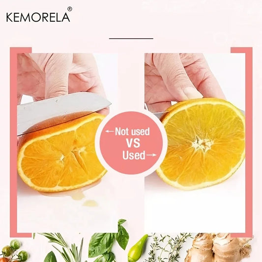 Comparison of a knife cutting an orange before and after using the fine iron knife sharpener