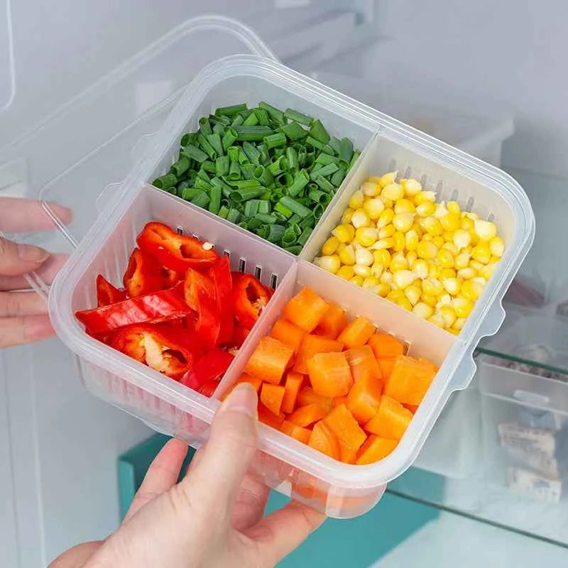 Transparent fridge organizer container with four compartments for storing chopped vegetables