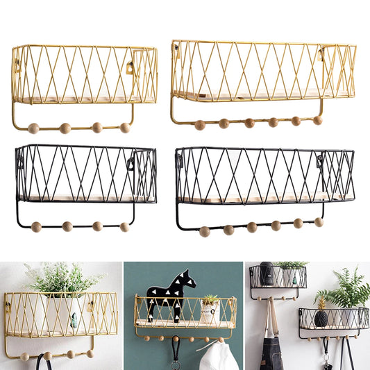 Key holder wall rack with hooks in gold and black metal with wooden knobs for organizing keys and small items