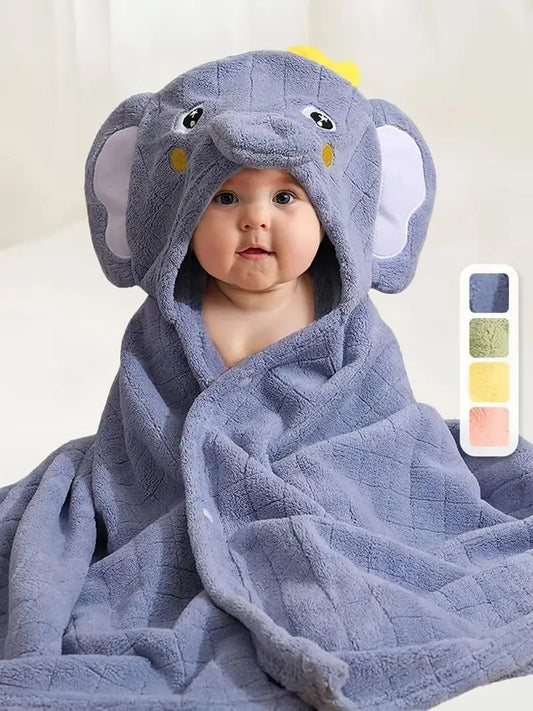 Baby wrapped in a gray kids hooded bathrobe animal design featuring elephant ears and face