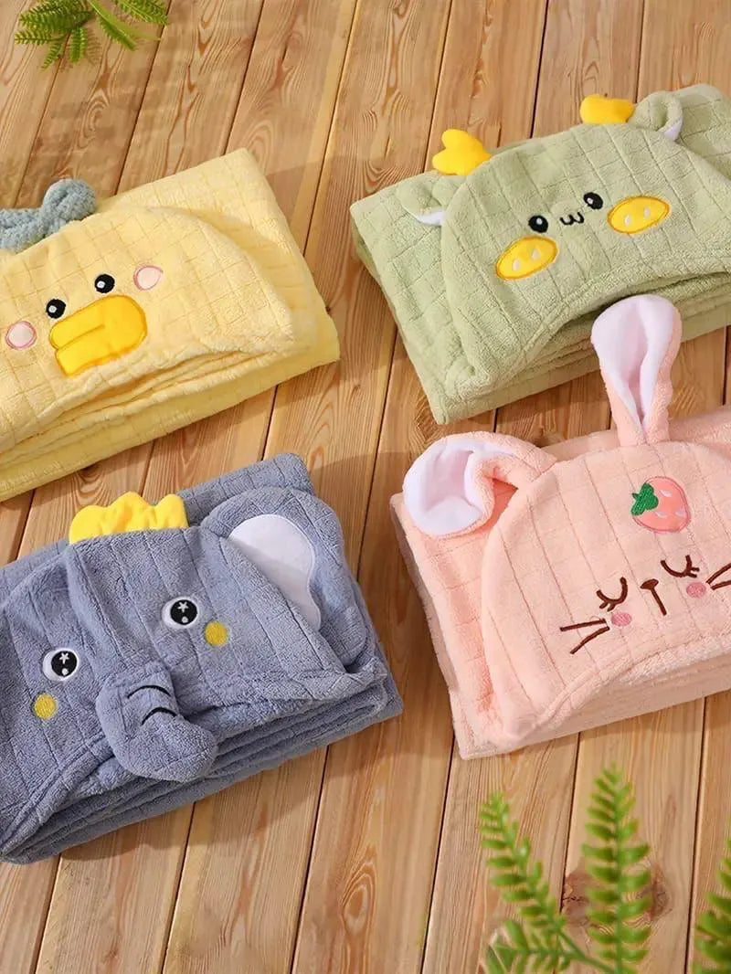 Clarify.pk kids hooded bathrobe animal design in yellow duck, green deer, gray elephant, and pink bunny on wooden floor