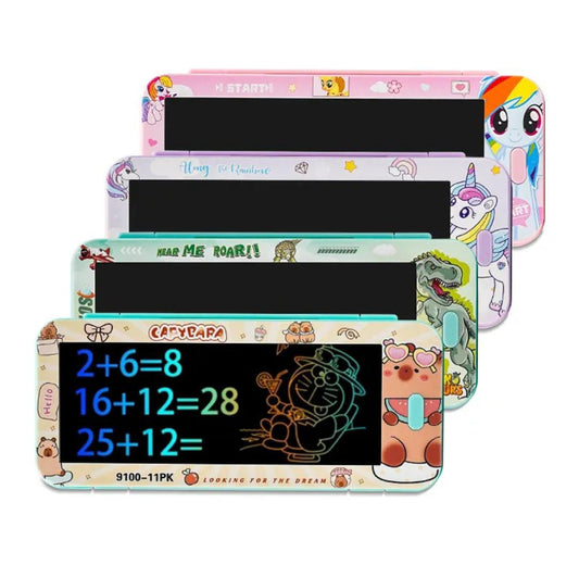 Colorful kids pencil box with writing tablet featuring fun cartoon designs and easy math practice