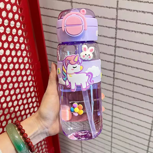 600ml kids water bottle with straw featuring a purple unicorn design and pink lid