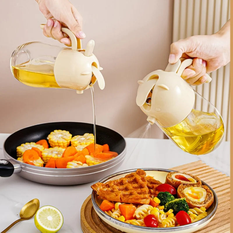 Clarify.pk 2 in 1 olive oil dispenser pouring oil and spray on cooked vegetables and salad