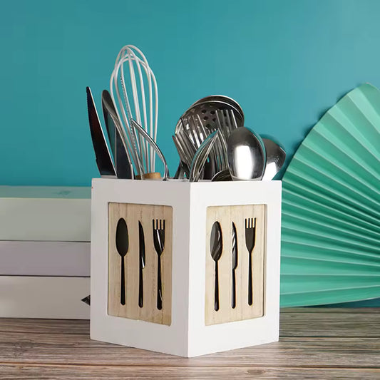 Clarify.pk white wooden kitchen cutlery organizer box holding utensils and kitchen tools