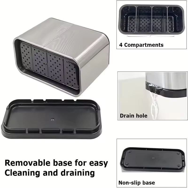 Clarify.pk kitchen cutlery organizer with 4 compartments removable base drain hole and non-slip bottom
