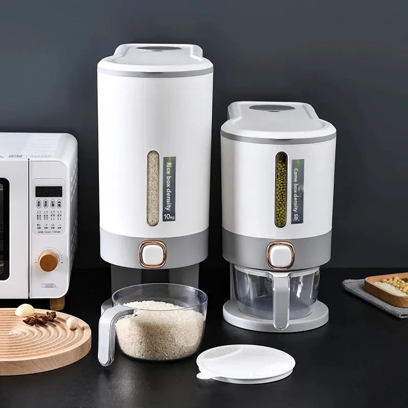 Clarify.pk 10kg kitchen grain dispenser in white with transparent measuring container for easy grain storage