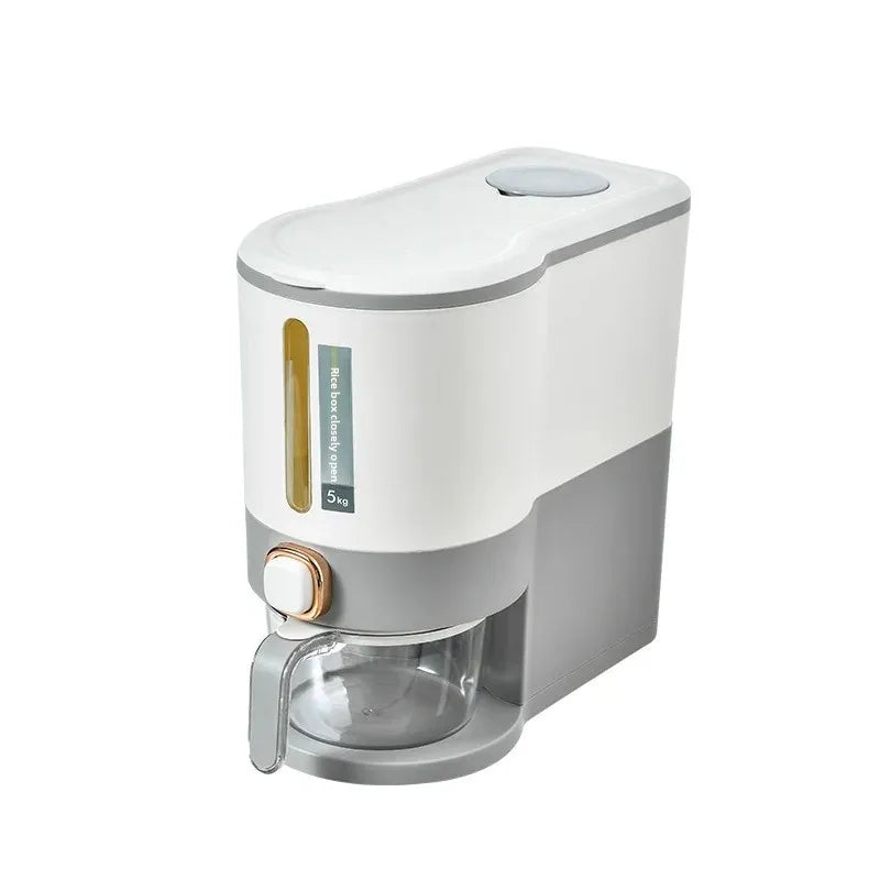 10kg kitchen grain dispenser with white and gray body and transparent container for easy grain storage