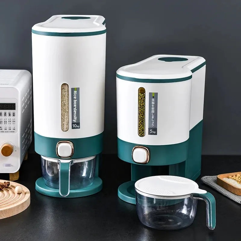 Clarify.pk 10kg kitchen grain dispenser in white and green with measuring scoop beside it