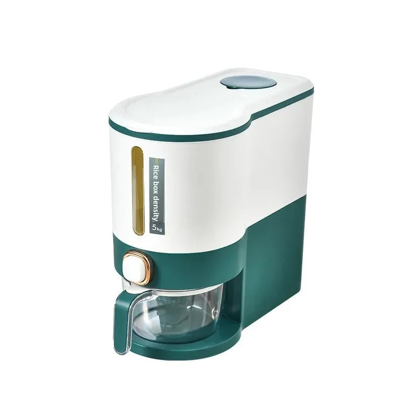 10kg kitchen grain dispenser with white and green design and transparent measuring cup for easy grain storage