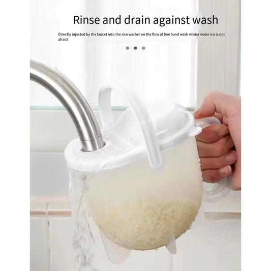 Rice strainer with handle being used to rinse and drain rice under a kitchen faucet