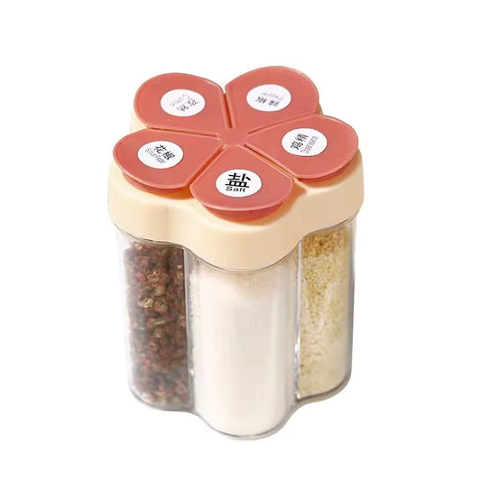 Kitchen seasoning container with lids in flower shape holding salt and spices organized