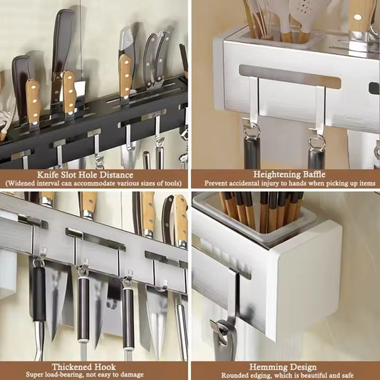 Clarify.pk wall mounted knife holder with multiple slots hooks and safety features for kitchen organization