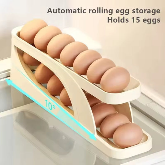 Clarify pk scrolling egg holder storage box plastic automatic rolling rack holds 15 eggs in fridge