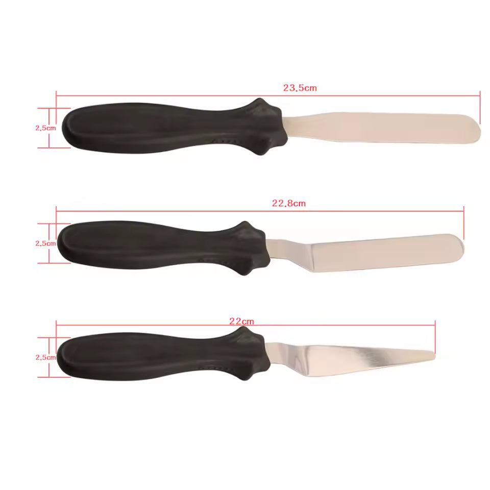 Clarify.pk cake spatula 3 piece set with black handles and stainless steel blades showing different sizes