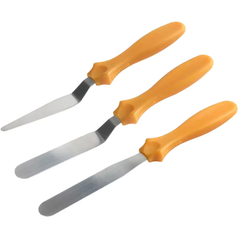 Cake spatula 3 piece set with orange handles and stainless steel blades for baking and decorating