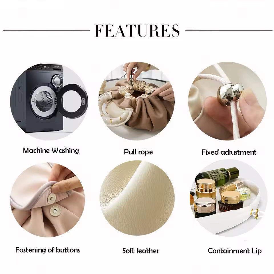 Features of Clarify.pk large capacity makeup bag for women including machine washable soft leather and adjustable pull rope