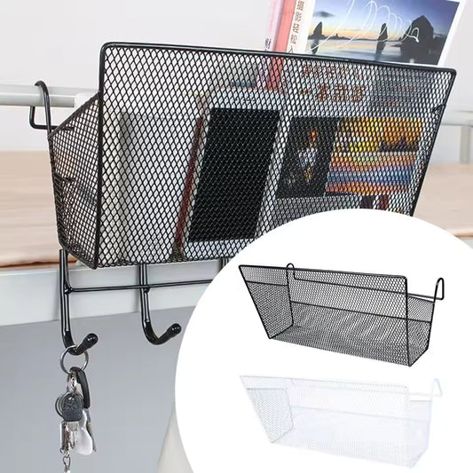 Large capacity metal basket for bed in black mesh design holding books and keys