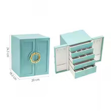 Large faux leather jewelry box in teal with multiple compartments and drawers for organized storage