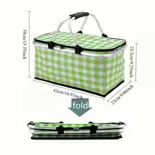 Large foldable picnic basket in green and white checkered pattern with sturdy handles and compact folding design