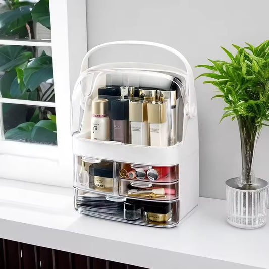 Clarify.pk large makeup organizer box desktop storage with clear compartments and handle