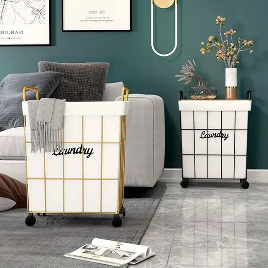 Clarify.pk laundry basket with wheels in white and gold and black and white grid design in modern living room