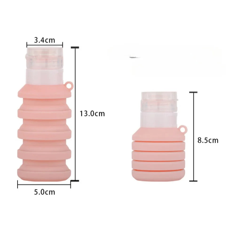 Pink collapsible leakproof refillable shampoo bottle with size dimensions for travel convenience