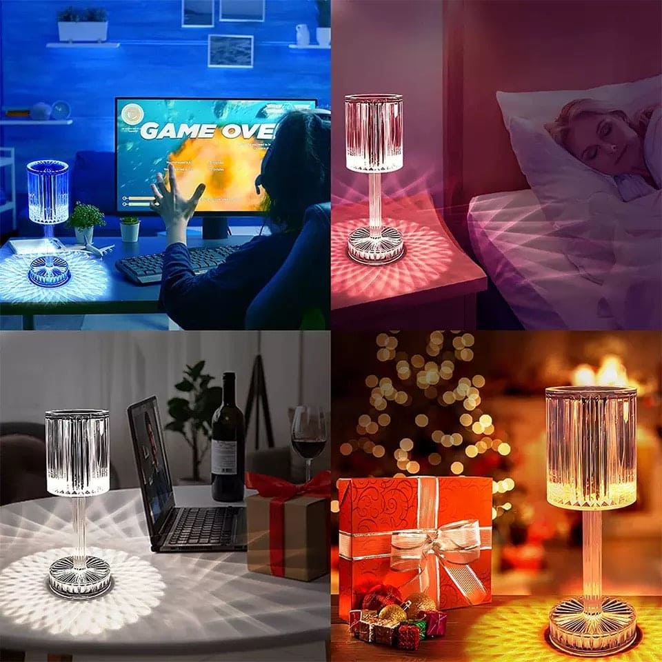 LED crystal projection lamp with elegant design creating ambient light in gaming, bedroom, workspace, and festive settings