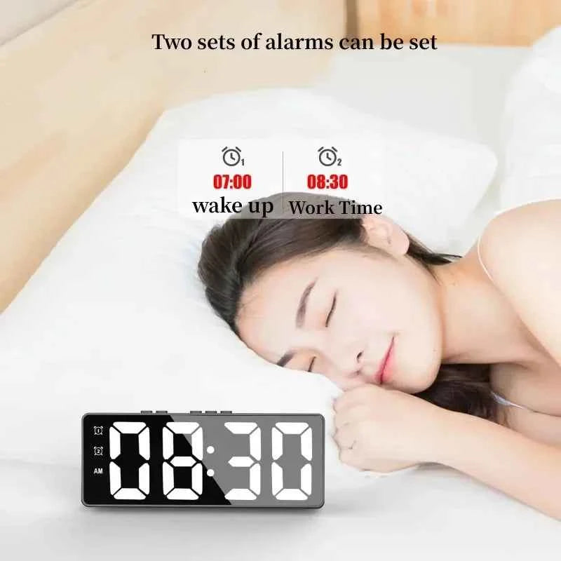 LED digital alarm clock displaying wake-up and work time alarms for easy morning routines