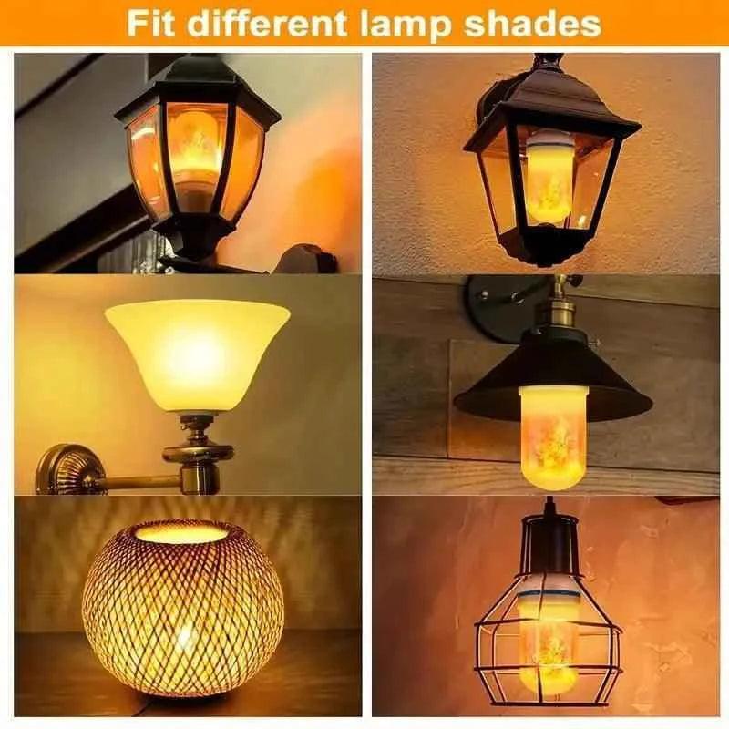 Clarify LED flame effect bulb glowing inside various lamp shades including lantern, frosted, wire mesh, and industrial styles