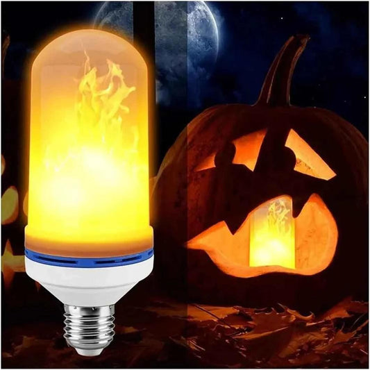 Clarify LED flame effect bulb glowing with realistic flickering flame inside a carved Halloween pumpkin