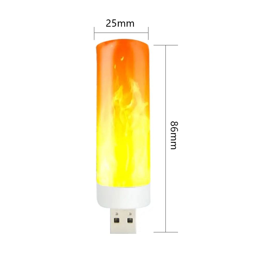 USB LED flame effect night light with orange and yellow flame design measuring 86mm by 25mm