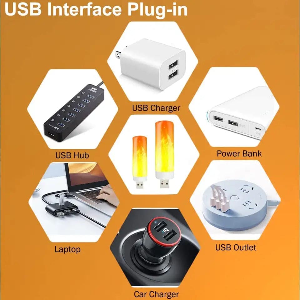 LED flame effect night light with USB interface plug-in options including charger, hub, power bank, laptop, outlet, and car charger