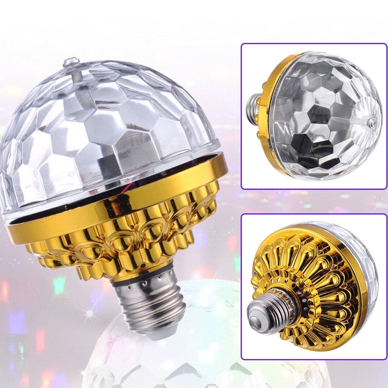 LED rotating disco ball light with gold base and faceted clear dome for party lighting