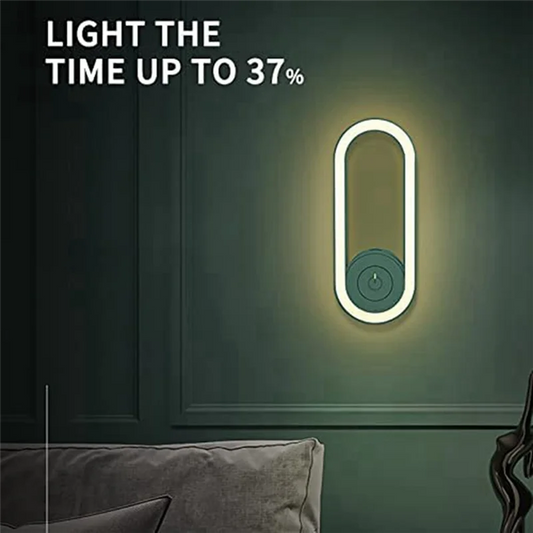 LED sleeping light with sensor mounted on wall emitting soft glow above couch in dark room