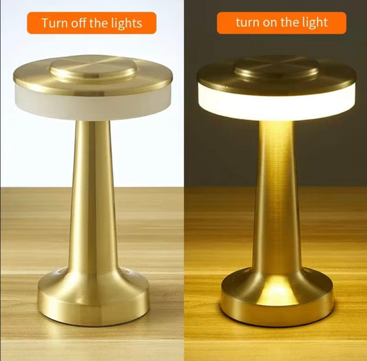 Clarify.pk LED touch table lamp with brass finish shown turned off and on for lighting comparison