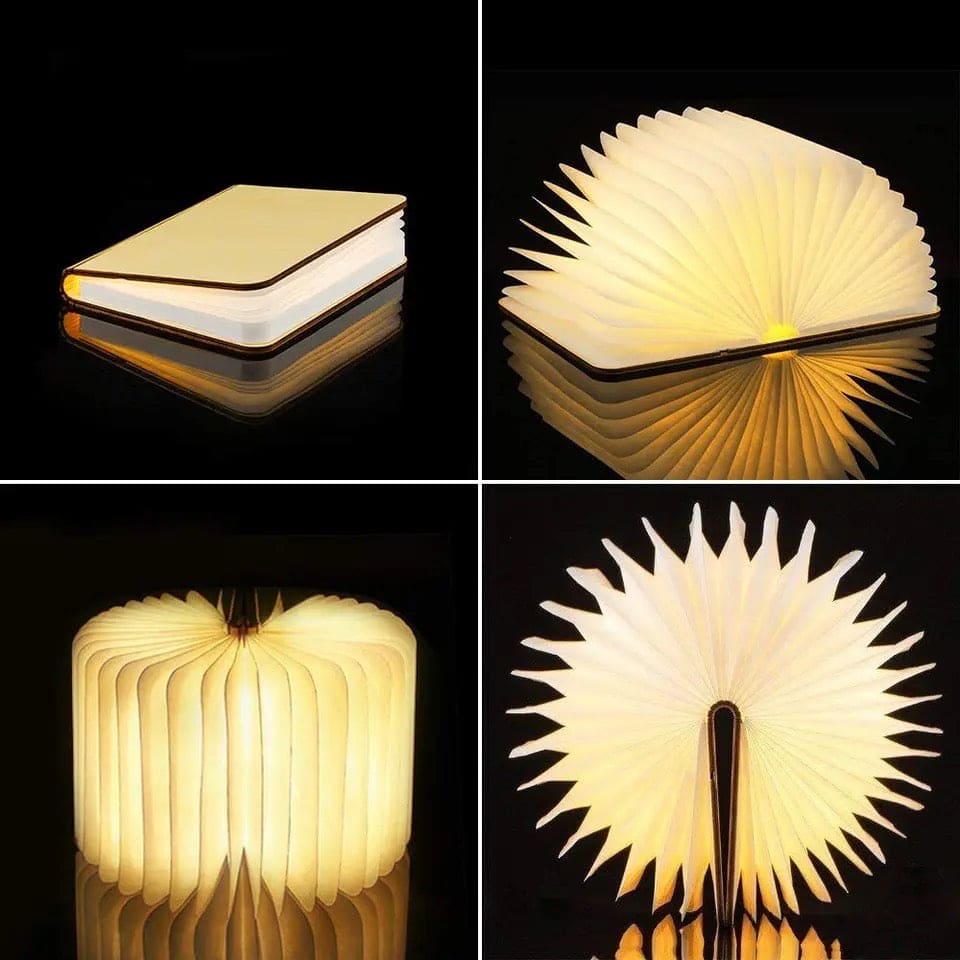 Clarify.pk LED wooden book lamp shown in different open and closed positions with warm yellow light