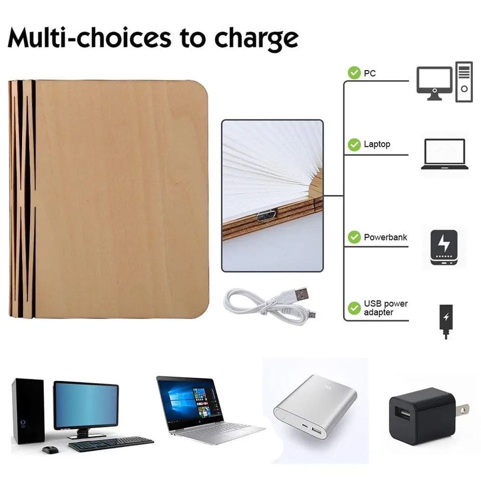 LED wooden book lamp showing multi-choices to charge with USB cable for PC, laptop, power bank, and USB adapter