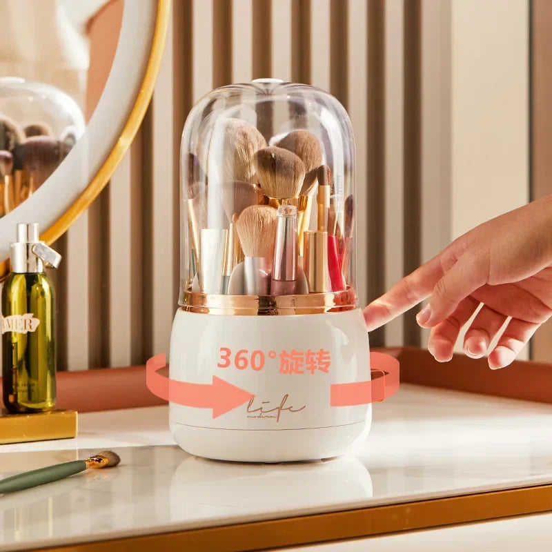 Clarify.pk 360 degree rotating makeup organizer holding brushes and cosmetics on vanity table