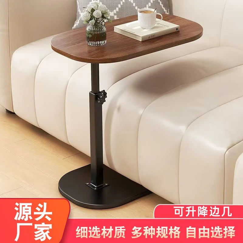 Clarify.pk lifting side table for living room with wooden top and black metal base next to cream sofa