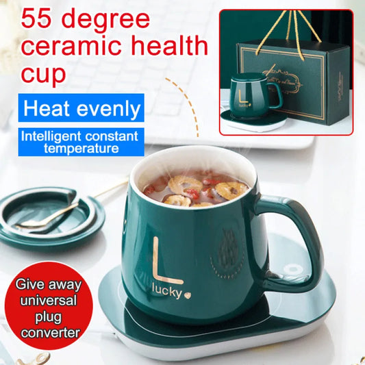 Ceramic mug with warmer in green featuring intelligent constant temperature and heat evenly function