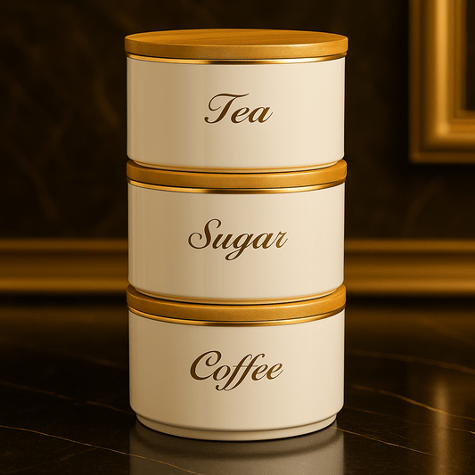 Luxury 3 - Piece Round Tin Canister Set – Tea, Sugar & Coffee Storage - Clarify.pk
