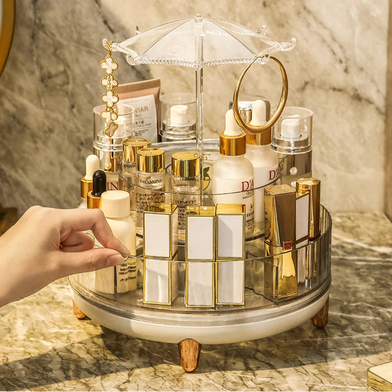 Clarify.pk 360 degree makeup organizer with rotating compartments and clear umbrella top on marble surface